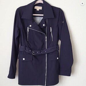 Michael Kors Navy Trench Jacket w/ Belt Silver Buttons Zipper Size M